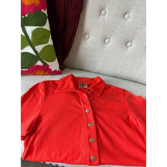 Tory Burch Orange Red Polo Shirt with Gold Logo Buttons Size S - Picture 6 of 7